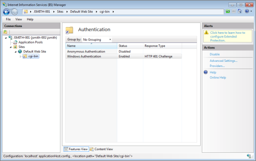 The Authentication options for IIS Manager.
